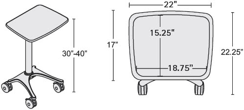 Technical Drawing for Anthro ZD01SB/CG4 Height Adjustable Healthcare EMR Cart