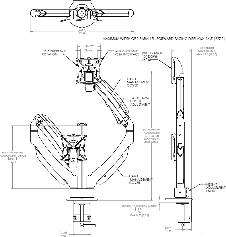 Technical Drawing of Chief K1C200S or K1C200B KONTOUR Dynamic Desk Clamp Mount for Dual Monitors