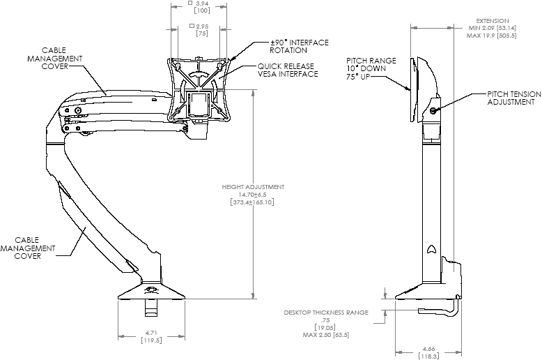 Technical Drawing of Chief K1D100S or K1D100B KONTOUR Dynamic Desk Clamp Mount for Single Monitor