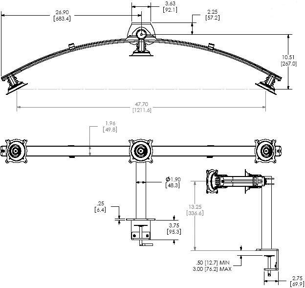 Technical Drawing for Chief Widescreen Triple Horizontal Desk Clamp Mount - KTC325B