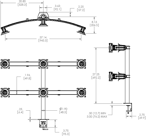 Technical Drawing of Chief KTC-330B or KTC-330S Six Monitor Horizontal Desk Clamp Mount