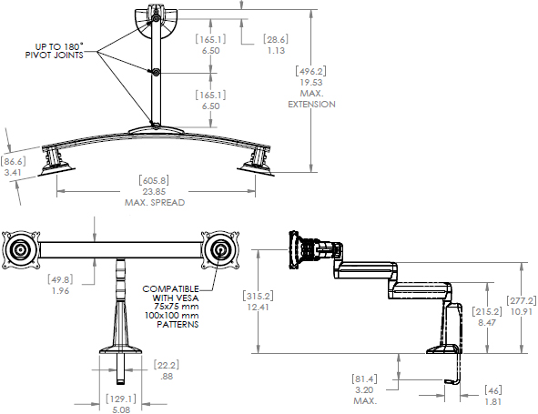 Technical Drawing for Chief Dual Arm Desk Mount, Dual Monitor KCD220B or KCD220S