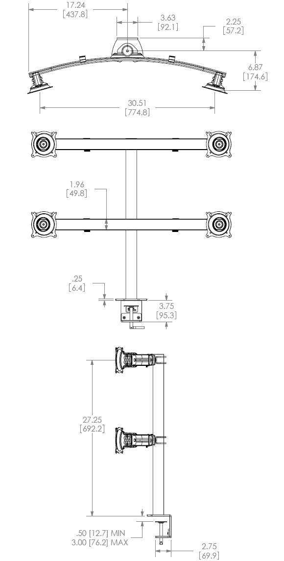 Technical Drawing for Chief Widescreen Quad Monitor Desk Clamp Mount - KTC445B or KTC445S