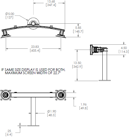 Technical Drawing for Chief Dual Horizontal Grommet Mount KTG220B or KTG220S