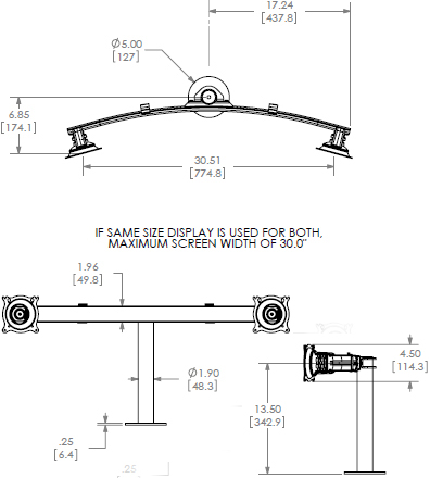 Technical Drawing for Chief Widescreen Dual Horizontal Grommet Mount KTG225B or KTG225S