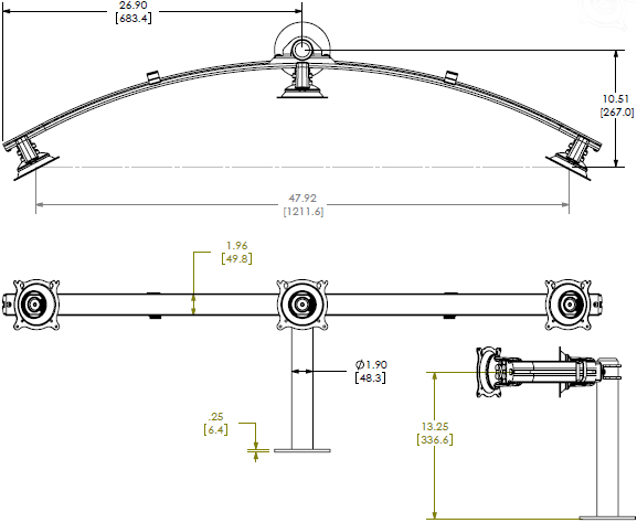 Technical Drawing for Chief Widescreen Triple Monitor Stand, Grommet Mount KTG325B