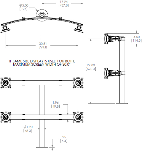 Technical Drawing for Chief Widescreen Quad Monitor Grommet Mount KTG445B or KTG445S
