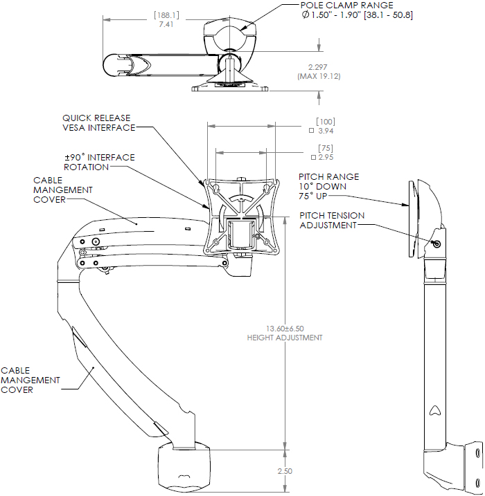 Technical Drawing of Chief K1P100 KONTOUR Dynamic Height Adjustable Pole Mount