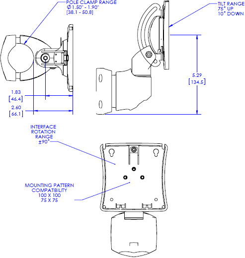 Technical Drawing for Chief K0P100B or K0P100S Kontour Pole Mount with Extreme Tilt Pitch/Pivot