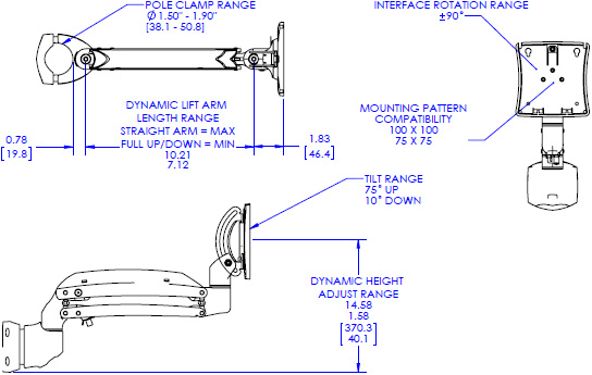 Technical Drawing for Chief K1P110B or K1P110S Kontour Dynamic Pole Mount, 1 Monitor