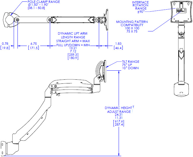 Technical Drawing for Chief Kontour Dynamic Pole Mount, 1 Monitor - K1P120B or K1P120S