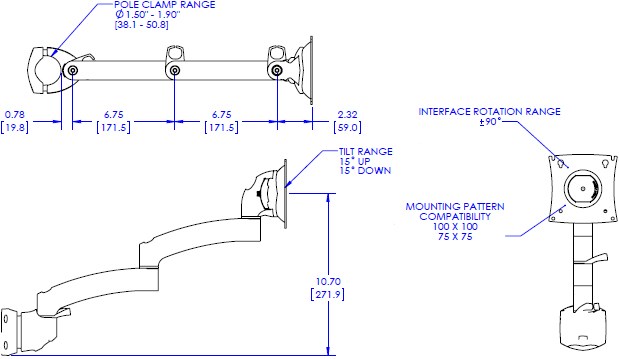 Technical Drawing for Chief Kontour Pole Mount Articulating Arm, 1 Monitor - K2P120B or K2P120S