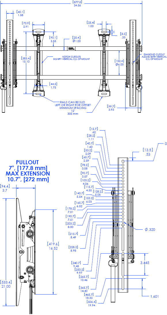 Technical Drawing for Chief LSMVU FUSION Pull-Out Video Wall Mount