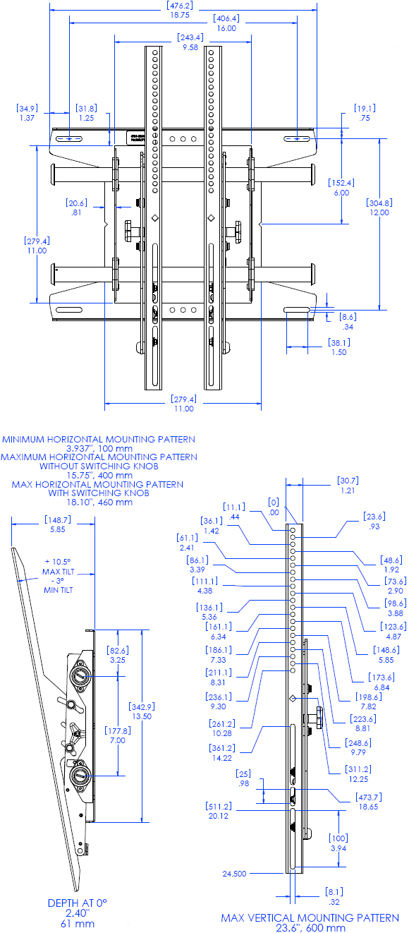 Technical Drawing for Chief MTAPU FUSION Portrait Tilt Video Wall Mount