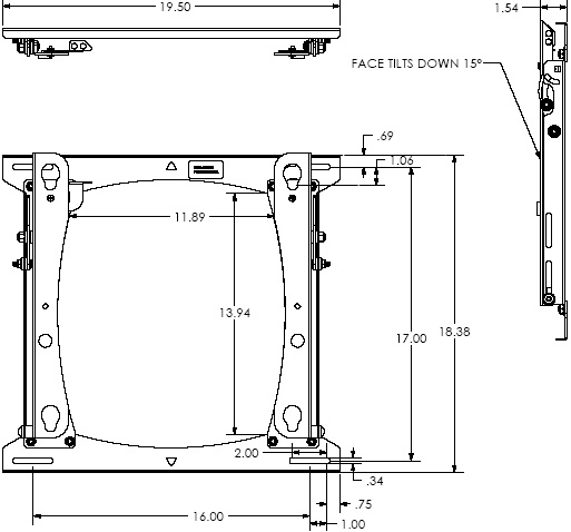Technical Drawing for Chief PRO16 Portrait Lockable Tilt Wall Mount for 37" to 65" Flat Panel Displays