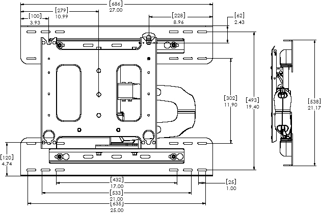 Technical Drawing for Chief PWRSKUB Flat Panel Steel Stud Swing Arm Wall Mount for 42" to 65" Displays