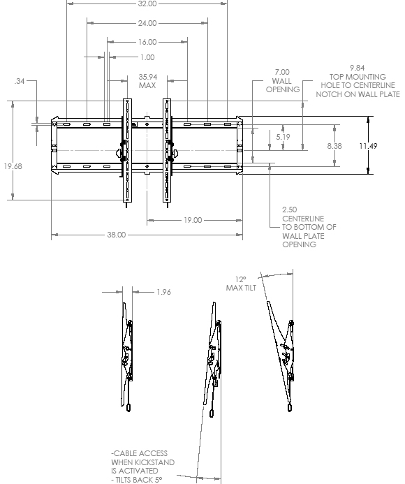 Technical Drawing for Chief RXT2 Low Profile Hinge Tilt Wall Mount for 40" to 63" Displays