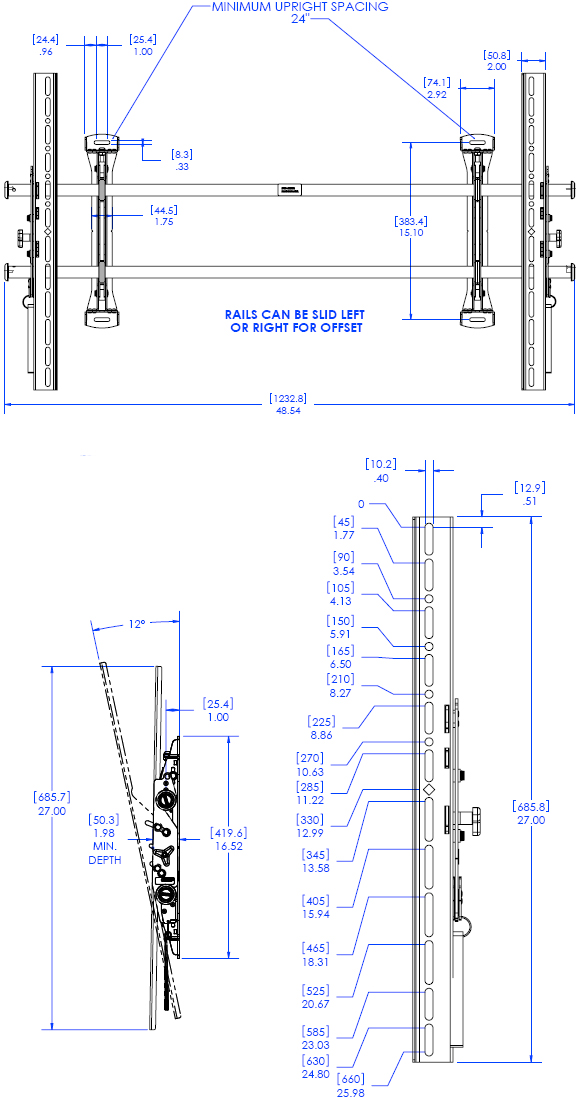 Technical Drawing for Chief XTMU FUSION Adjustable Tilt Video Wall Mount