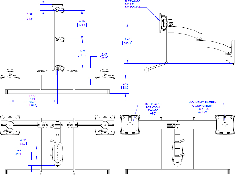 Technical Drawing for Chief Kontour Wall Mount Swing Arm, Dual Monitor Array K2W22HB or K2W22HS