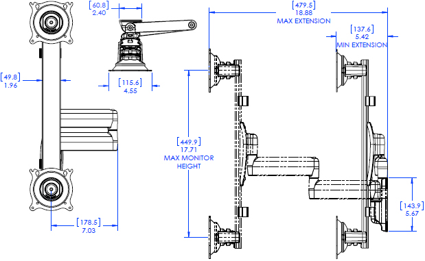 Technical Drawing for Chief KWD230 Dual Arm Wall Mount, Vertical Dual Monitor