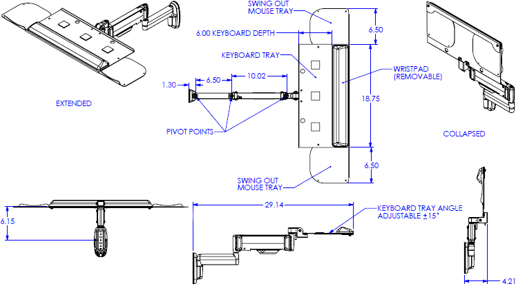 Technical Drawing for Chief KWK110B Height-Adjustable Keyboard & Mouse Tray Wall Mount