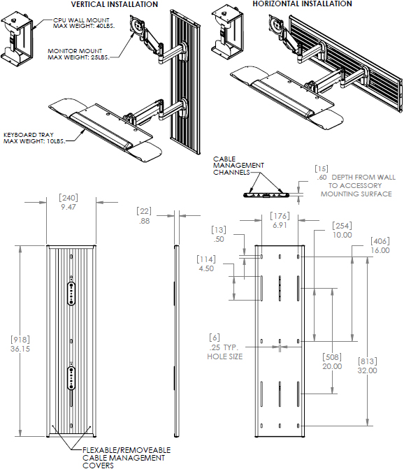 Technical Drawing for Chief KWT110B All-in-One Monitor Workstation Wall Mount - Black