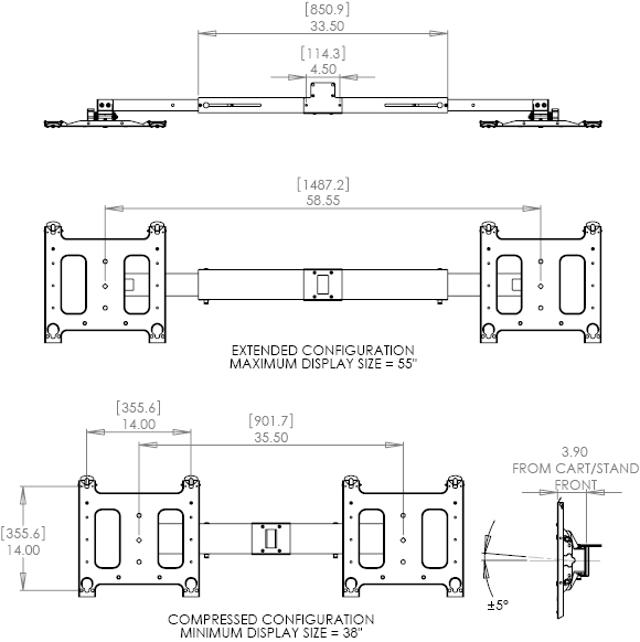 Technical Drawing for Chief PAC722 Dual Side-by-Side Accessory Black