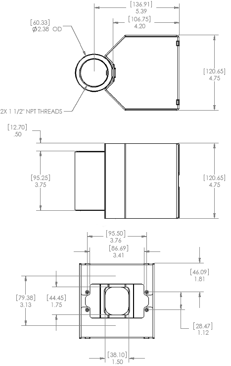 Technical Drawing of Chief CMA502 Single Electric Outlet Coupler Black