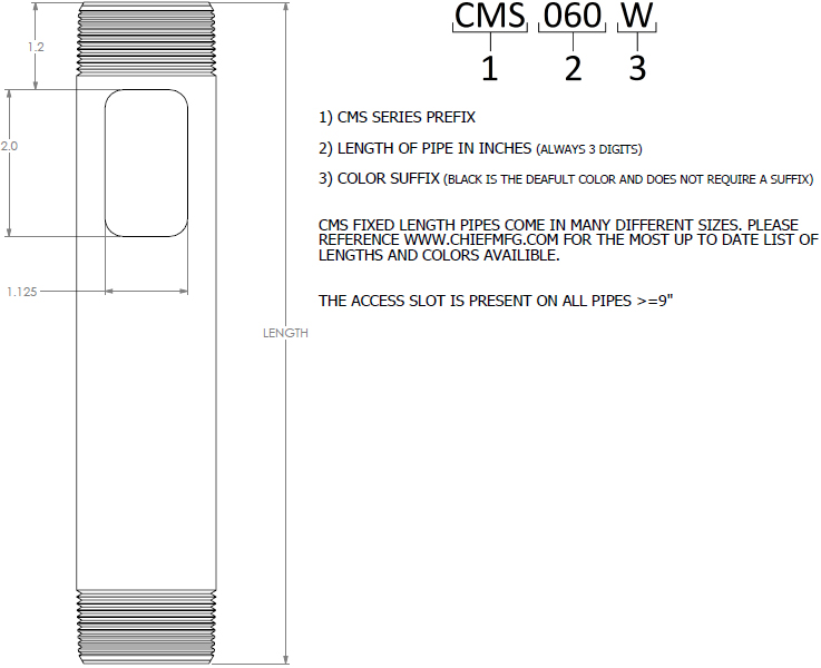 Technical drawing for Chief Speed-Connect Fixed Column 1.5" OD, Various Lengths
