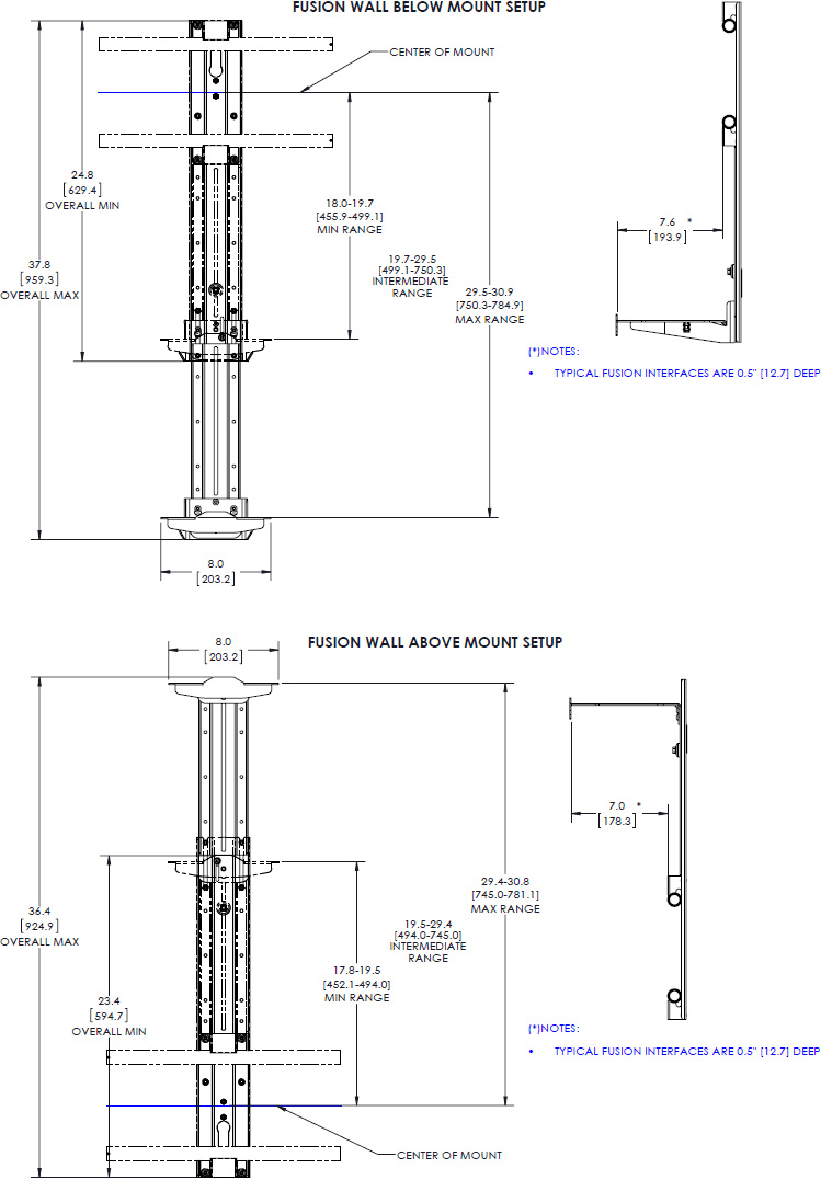 Technical drawing for Chief FCA810 Fusion 8" Above/Below Shelf for XL Displays