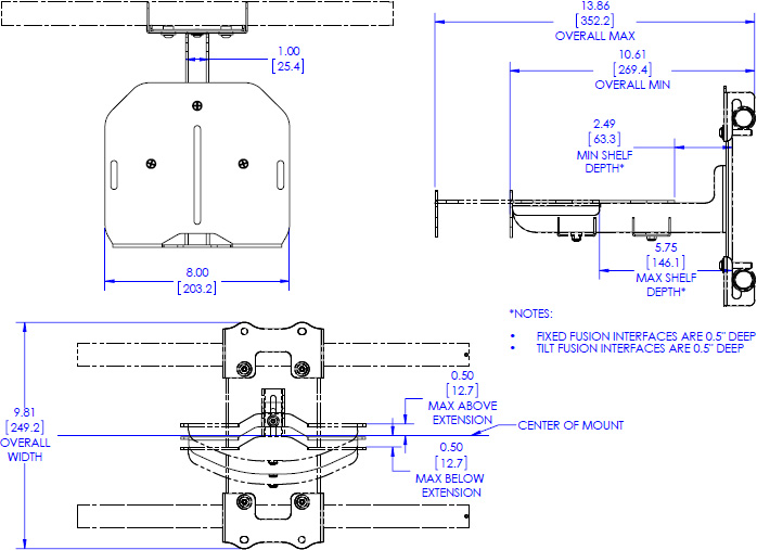 Technical drawing for Chief FCA820 Fusion Center Camera Shelf - 8"