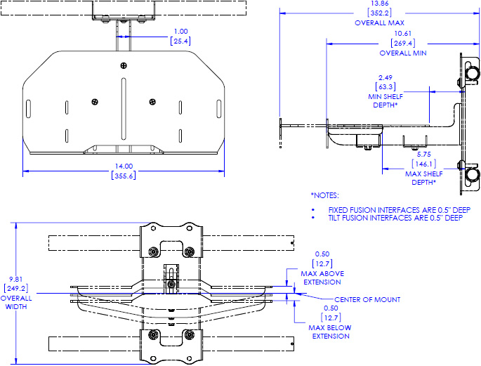 Technical drawing for Chief FCA821 Fusion Center Camera Shelf - 14"