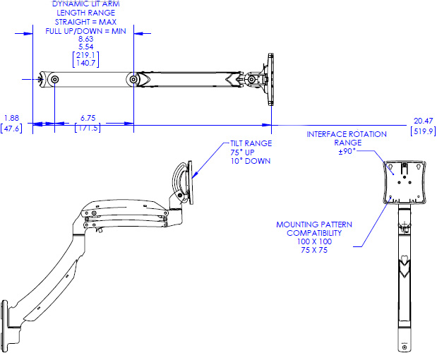 Technical drawing for Chief KRA221B or KRA221S Kontour K1C Expansion Arm Kit