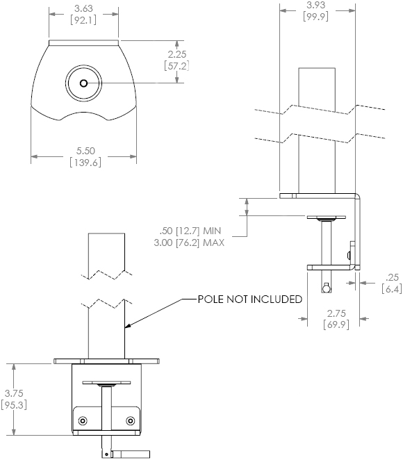 Technical Drawing for Chief Array Desk Clamp Accessory KTA1004B or KTA1004S