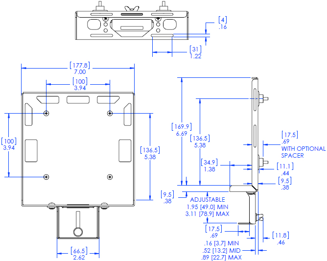 Technical Drawing for Chief PAC261D DMP Direct to Display Mount with Power Brick Adapter