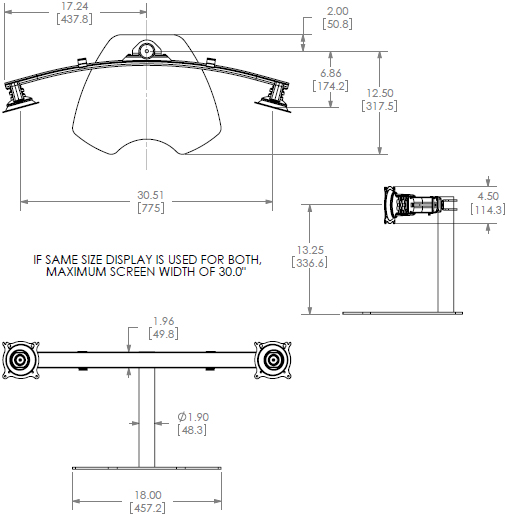 Technical Drawing for Chief KTP225B or KTP225S Widescreen Dual Horizontal Table Stand