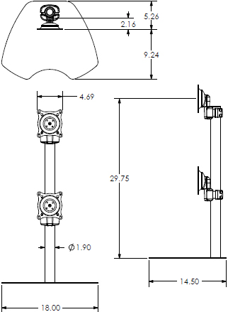 Technical Drawing for Chief Dual Monitor Vertical Table Stand KTP230S or KTP230B
