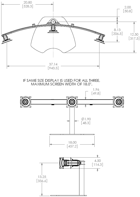 Technical drawing for Chief KTP320B Table Stand Flat Panel Triple Horizontal Monitor Mounts