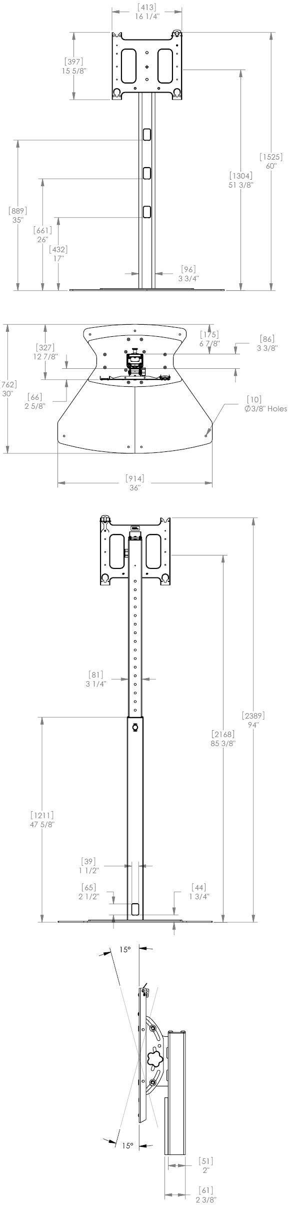 Technical drawing for Chief PF1 series Flat Panel Floor Stand Mount