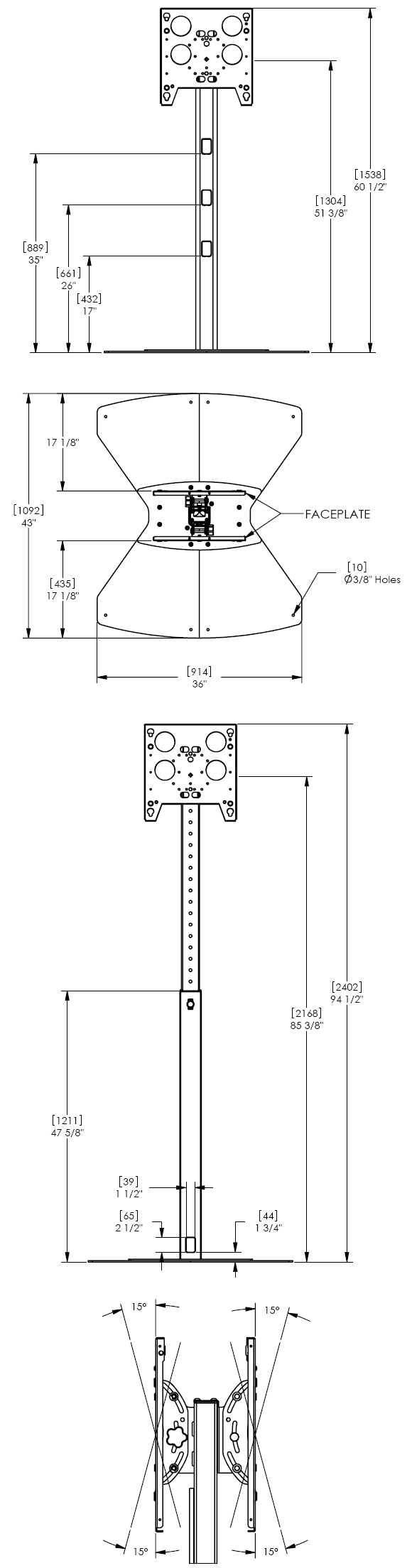 Technical Drawing for Chief PF2UB or PF2US Flat Panel Dual Display Floor Stand