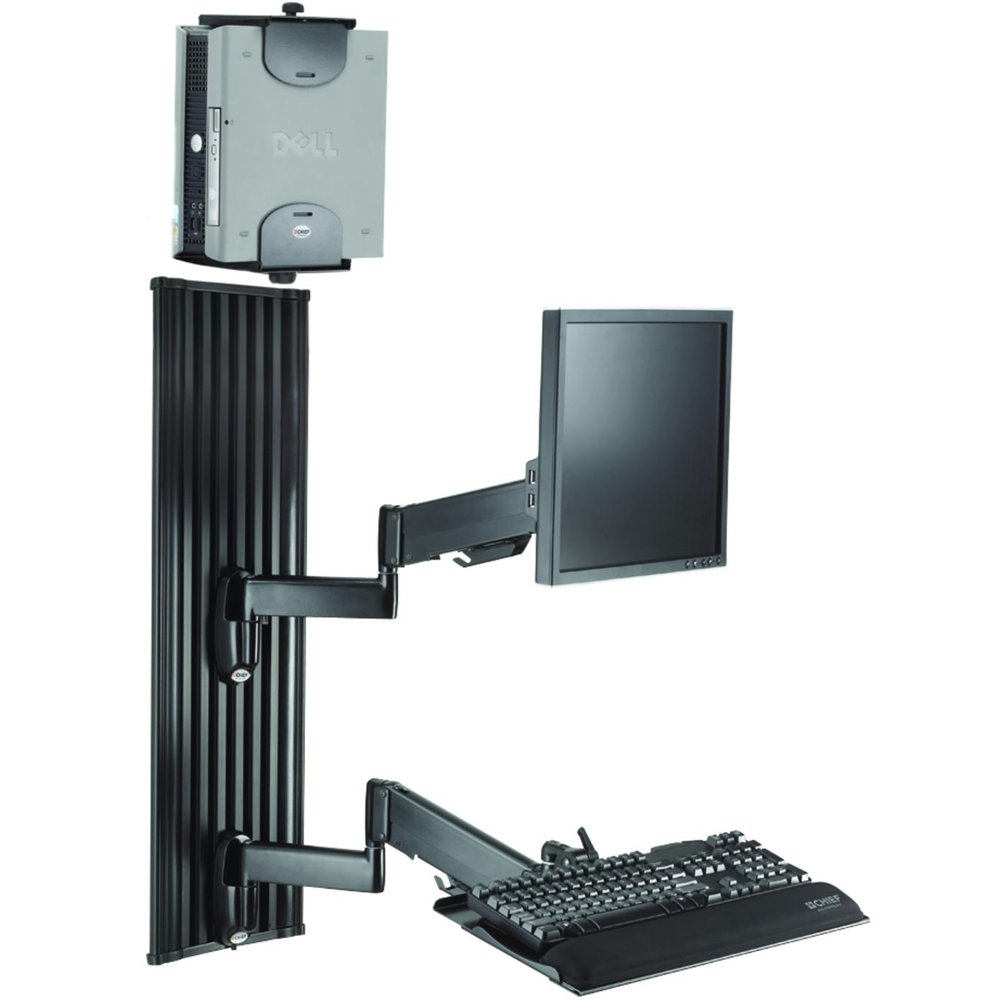 Monitor and keyboard swing arm, CPU adapter and wall extrusion move independently to preferred position