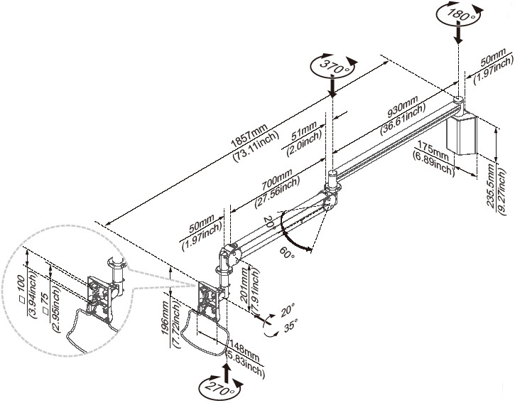 Technical Drawing for Cotytech MW M23P Long Reach LCD Monitor Arm Wall Mount
