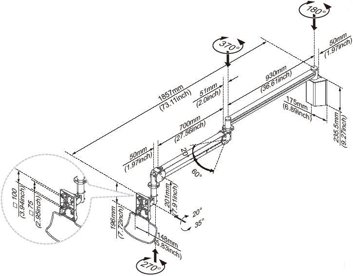 Technical Drawing for Cotytech MW M25P Long Reach LCD Monitor Arm Wall Mount