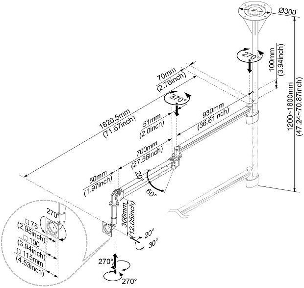 Technical Drawing for Cotytech CM M13 Long Reach Ceiling Mount Medical Arm