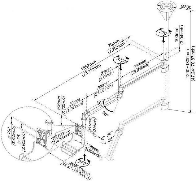 Technical Drawing for Cotytech CM M25K Long Reach Ceiling Mount Medical Arm