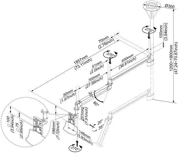 Technical Drawing for Cotytech CM M23 Long Reach Ceiling Mount Medical Arm