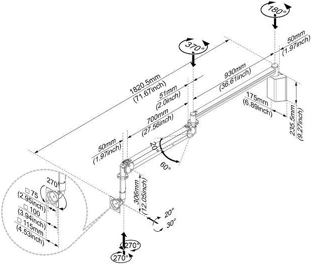 Technical Drawing for Cotytech MW M13P Long Reach LCD Monitor Arm Wall Mount