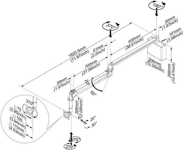 Technical Drawing for Cotytech MW M13WB Long Reach LCD Monitor Arm With Wall Box
