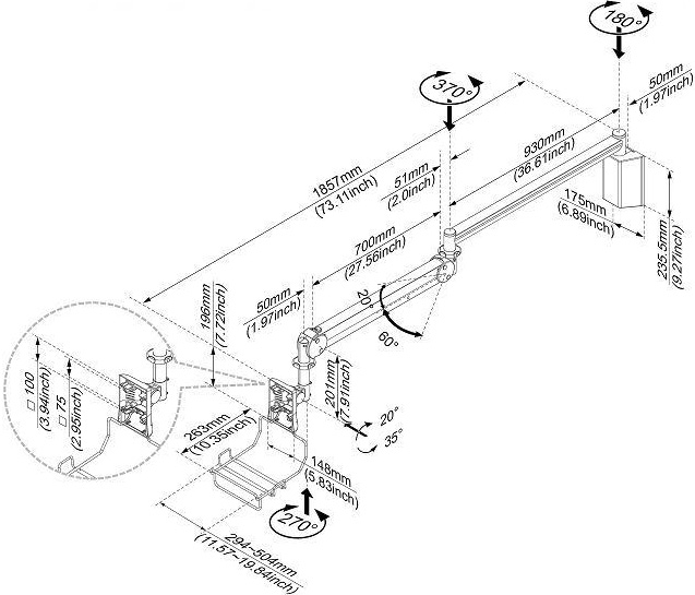 Technical Drawing for Cotytech MW M25PK Long Reach LCD Monitor Arm Wall Mount