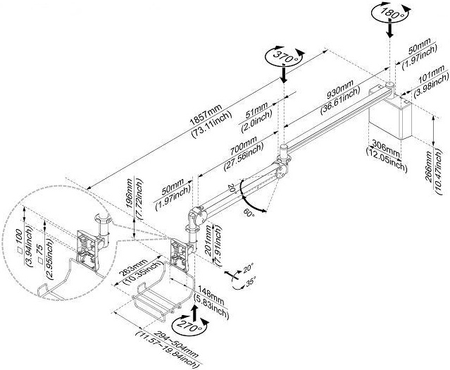 Technical Drawing for Cotytech MW M23WBK Long Reach Wall Mount Medical Arm